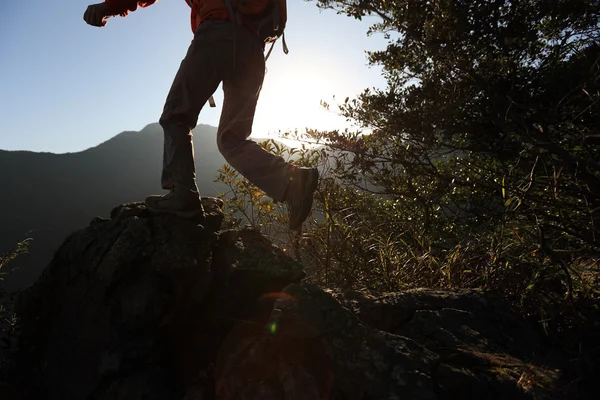 Mujer excursionista en pico de montaña — Foto de Stock