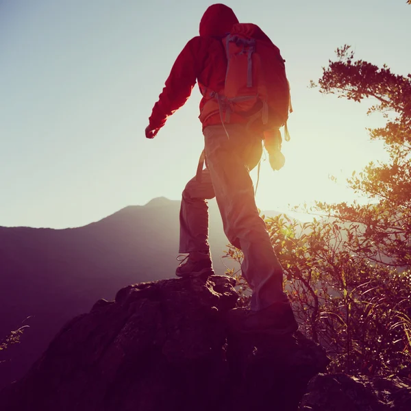 Mulher caminhante no pico da montanha — Fotografia de Stock