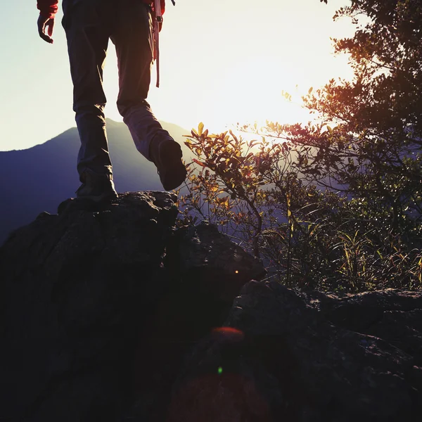 Mujer excursionista en pico de montaña — Foto de Stock