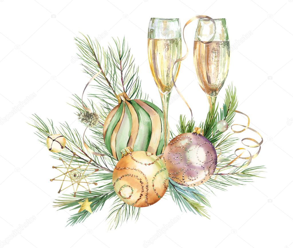 Watercolor champagne clipart. Christmas champagne glass clipart.  Watercolor Christmas clip art for greeting cards, planner, holiday decor