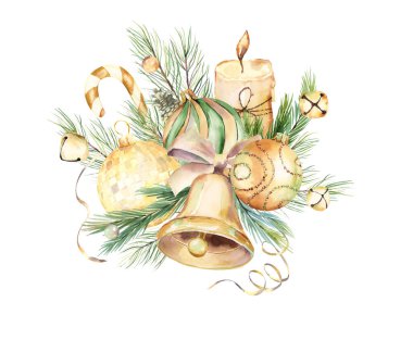 Suluboya Noel Altın Noel çanı Noel için altın Noel süslemesi, yeni yıl kliması. Tebrik kartı, mutlu noeller.