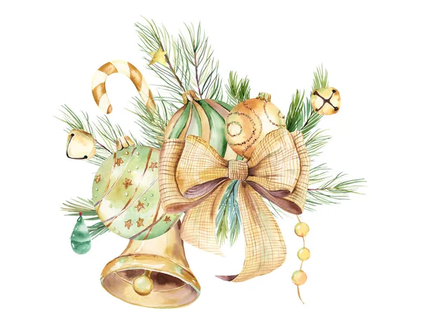 Akvarel Vánoce Zlatý Zvon Zlatý Vánoční Dekor Dovolenou Nový Rok — Stock fotografie