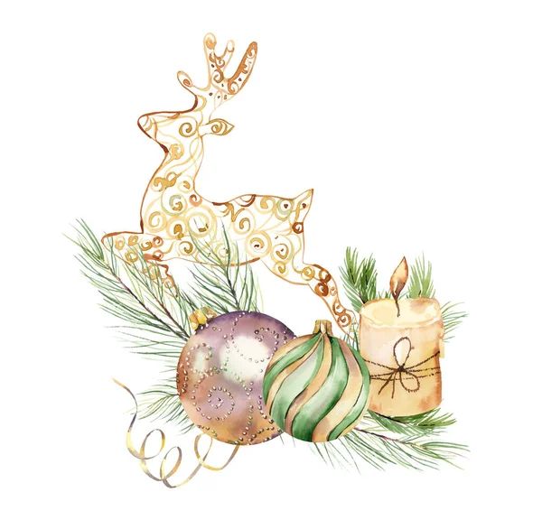 Akvarel Zlaté Vánoční Výzdoba Novoroční Přání Oslavě Zlaté Vánoční Koule — Stock fotografie
