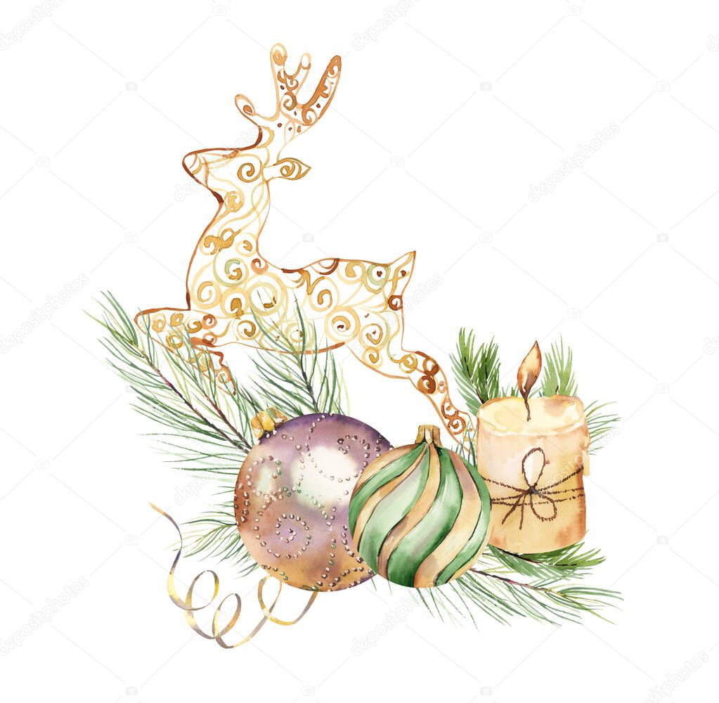Watercolor gold christmas decor. New year celebration greeting cards. Golden  christmas balls.  Glass christmas decoration