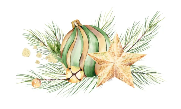 水彩緑と金のクリスマスの装飾 クリスマスツリーのための黄金のボール 新年のお祝いのグリーティングカード 黄金のクリスマスの装飾 ガラスクリスマスの装飾 — ストック写真