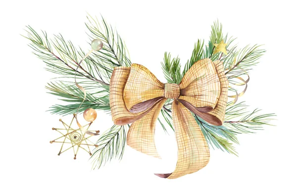 Akvarel Zelená Zlatá Vánoční Výzdoba Zlaté Koule Vánoční Stromeček Novoroční — Stock fotografie