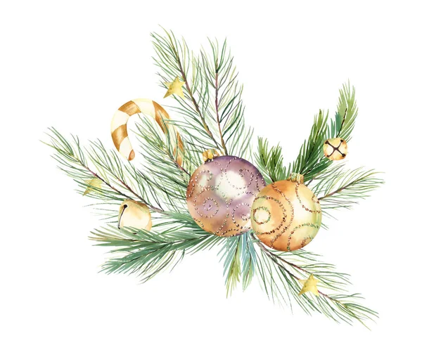 水彩緑と金のクリスマスの装飾 クリスマスツリーのための黄金のボール 新年のお祝いのグリーティングカード 黄金のクリスマスの装飾 ガラスクリスマスの装飾 — ストック写真