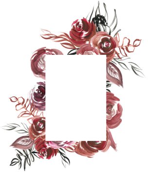 Burgonya çiçekli çerçeveler. Akrilik tablo, yağlı boya tablo, yapraklı ve çiçekli düğün şablonu. Modern resim soyut