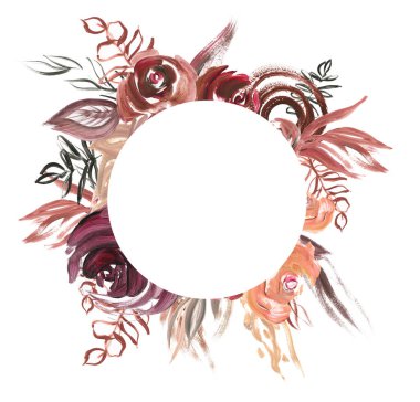 Burgonya çiçekli çerçeveler. Akrilik tablo, yağlı boya tablo, yapraklı ve çiçekli düğün şablonu. Modern resim soyut