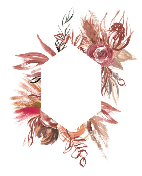 Burgonya çiçekli çerçeveler. Akrilik tablo, yağlı boya tablo, yapraklı ve çiçekli düğün şablonu. Modern resim soyut