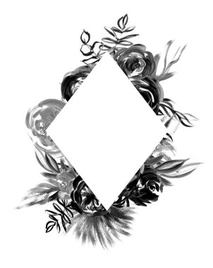 Zarif Siyah Çiçek çerçevesi. Soyut sanat logosu, afişler, etiketler, rozetler, baskılar, posterler, web. Modern akrilik fırça darbeleri. Kara Cuma indirimli el boyaması çerçeve.