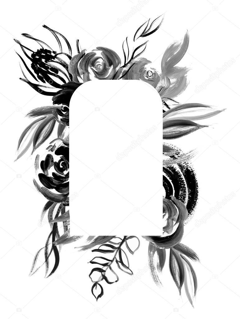 Elegant Black Floral frame.  Abstract art logo, banners, labels, badges, prints, posters, web. Modern acrylic brushstrokes. Black Friday Sale hand painted frame.