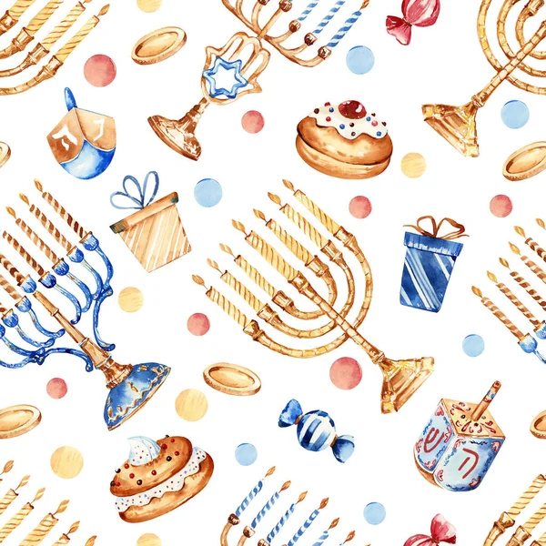 Jüdischer Feiertag Chanukka Nahtlose Mustergestaltung Mit Traditionellen Elementen Und Bäckerei — Stockfoto