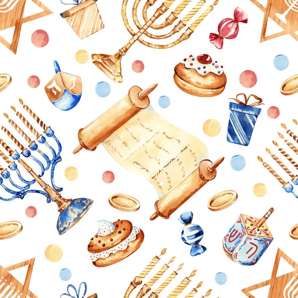 Jüdischer Feiertag Chanukka Nahtlose Mustergestaltung Mit Traditionellen Elementen Und Bäckerei — Stockfoto