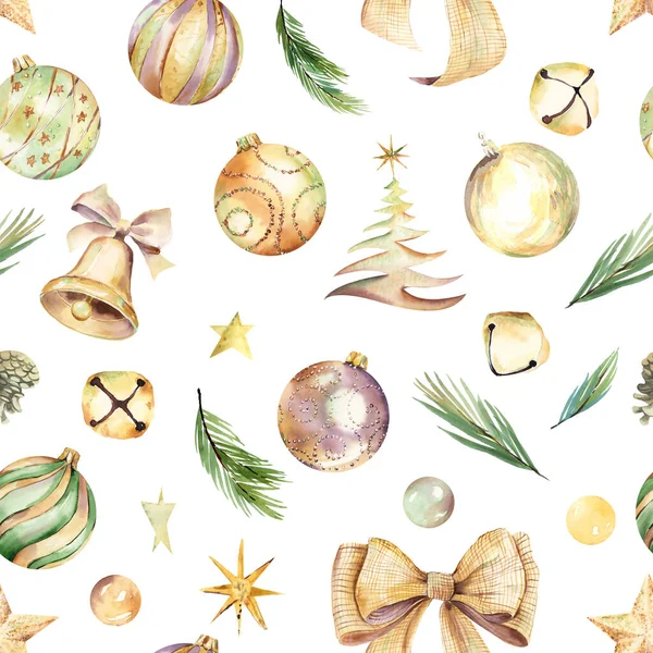Watercolor Christmas Seamless Pattern White Background Gold Green Christmas Digital — Stock Photo, Image