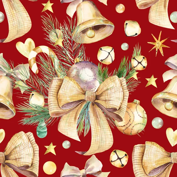 Aquarell Weihnachten Nahtloses Muster Auf Rotem Hintergrund Digitales Weihnachtspapier Gold — Stockfoto