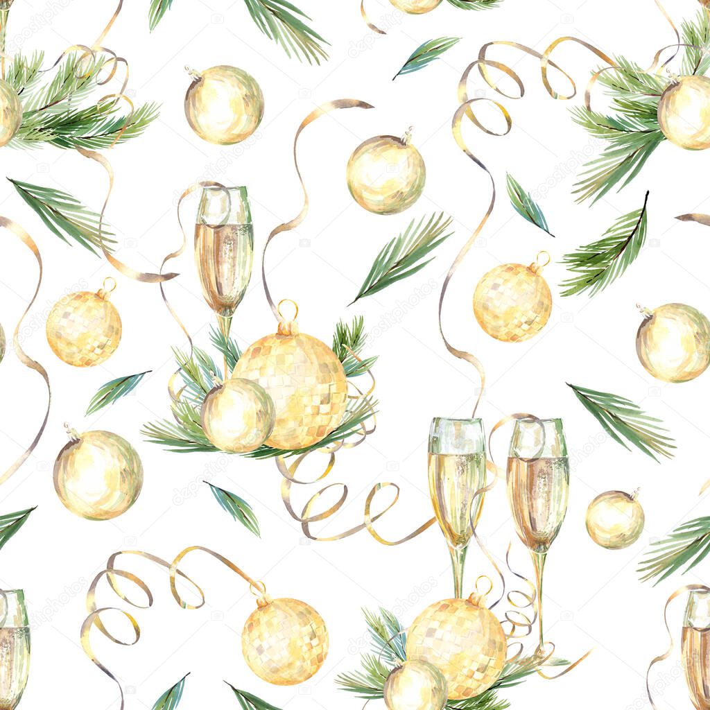 Watercolor Christmas seamless pattern on white background. Gold and green christmas digital paper pack,  seamless paper with golden christmas decor, gold christmas, wrapping paper