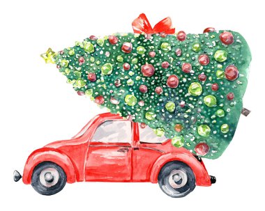 Suluboya kırmızı noel kamyonu tırı, Noel ağacının olduğu klasik kırmızı kamyonet, Noel bayramı, kawaii noeli, bebek Noel hediyesi dekoru, tebrik kartı.