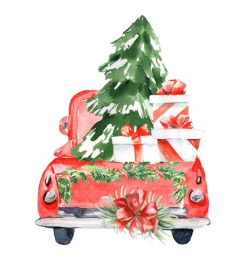 Suluboya kırmızı noel kamyonu tırı, Noel ağacının olduğu klasik kırmızı kamyonet, Noel bayramı, kawaii noeli, bebek Noel hediyesi dekoru, tebrik kartı.