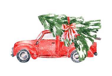 Suluboya kırmızı noel kamyonu tırı, Noel ağacının olduğu klasik kırmızı kamyonet, Noel bayramı, kawaii noeli, bebek Noel hediyesi dekoru, tebrik kartı.