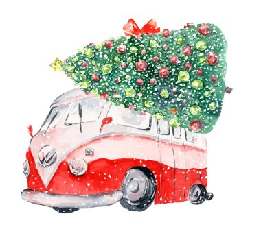 Suluboya kırmızı noel kamyonu tırı, Noel ağacının olduğu klasik kırmızı kamyonet, Noel bayramı, kawaii noeli, bebek Noel hediyesi dekoru, tebrik kartı.