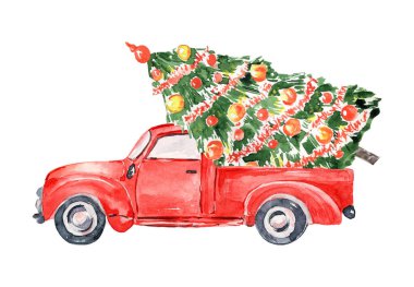 Suluboya kırmızı noel kamyonu tırı, Noel ağacının olduğu klasik kırmızı kamyonet, Noel bayramı, kawaii noeli, bebek Noel hediyesi dekoru, tebrik kartı.