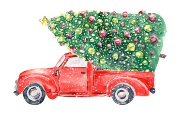 Suluboya kırmızı noel kamyonu tırı, Noel ağacının olduğu klasik kırmızı kamyonet, Noel bayramı, kawaii noeli, bebek Noel hediyesi dekoru, tebrik kartı.