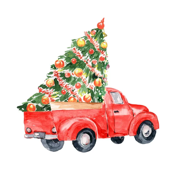 Akwarela Czerwony Christmas Ciężarówka Clipart Ręcznie Rysowane Vintage Czerwony Samochód — Zdjęcie stockowe