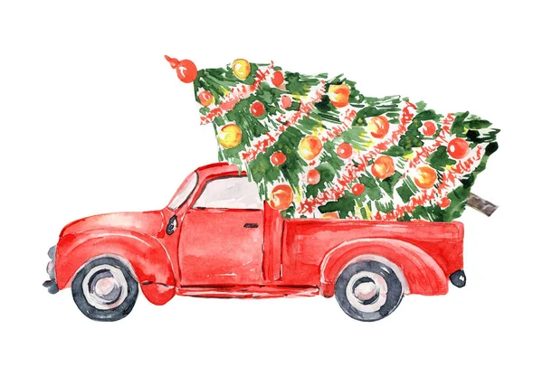 水彩缤纷的红色圣诞卡车司机 手绘的老式红色卡车司机 圣诞树假日司机 卡瓦伊圣诞节 婴儿圣诞礼物装饰 — 图库照片