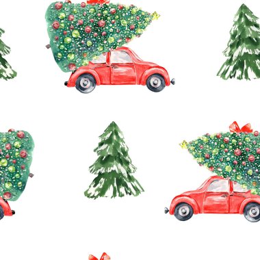 Suluboya kırmızı noel kamyonu kusursuz desen. Noel ağacı desenli el yapımı kırmızı kamyon şablonu. Tatil klipsi, ambalaj kağıdı, tebrik kartları.
