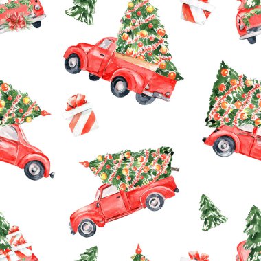 Suluboya kırmızı noel kamyonu kusursuz desen. Noel ağacı desenli el yapımı kırmızı kamyon şablonu. Tatil klipsi, ambalaj kağıdı, tebrik kartları.