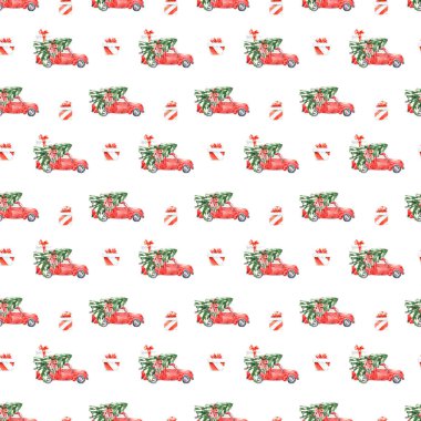 Suluboya kırmızı noel kamyonu kusursuz desen. Noel ağacı desenli el yapımı kırmızı kamyon şablonu. Tatil klipsi, ambalaj kağıdı, tebrik kartları.