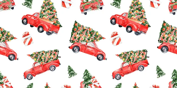 Watercolor Red Christmas Truck Seamless Pattern Hand Drawn Vintage Red — Stock Photo, Image