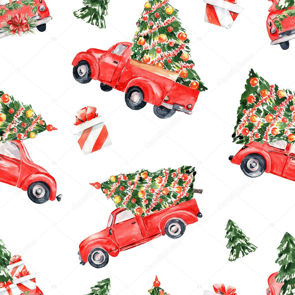 Watercolor red christmas truck seamless pattern. Hand drawn vintage red truck pattern with christmas tree Holiday clipart, wrapping paper, greeting cards