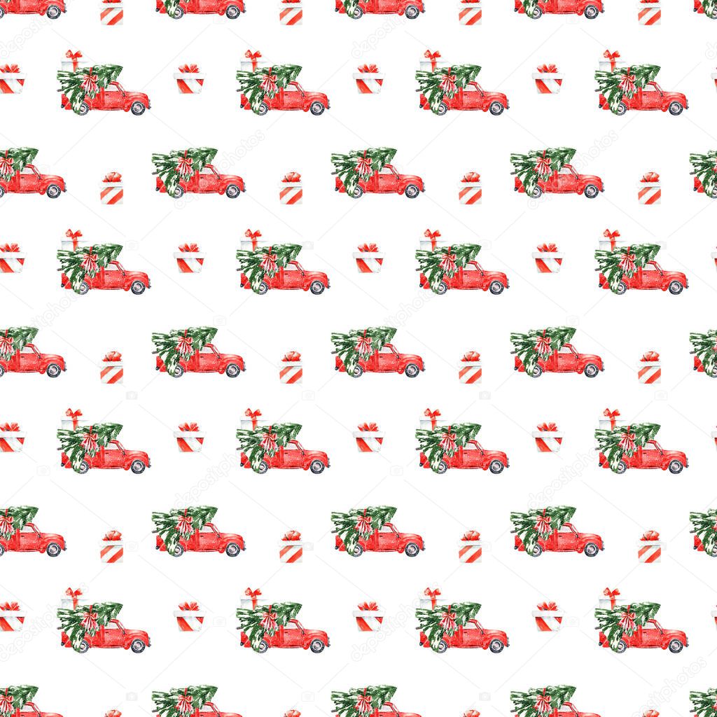 Watercolor red christmas truck seamless pattern. Hand drawn vintage red truck pattern with christmas tree Holiday clipart, wrapping paper, greeting cards