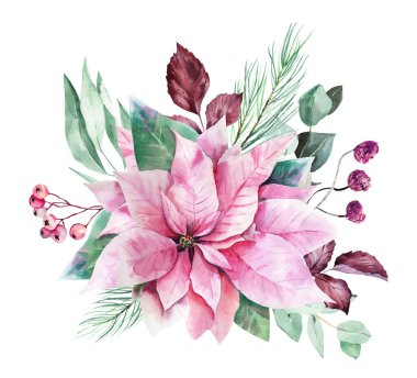 Suluboya Pembe noktalar ve okaliptüs çıkıntısı, Pembe Noel dekorasyonu dijital defter, Noel çelengi ve pembe çiçekli kış buketi.