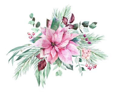 Suluboya Pembe noktalar ve okaliptüs çıkıntısı, Pembe Noel dekorasyonu dijital defter, Noel çelengi ve pembe çiçekli kış buketi.