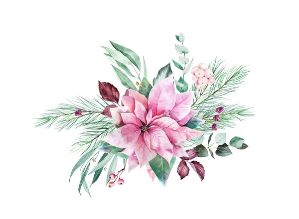 Aquarelle Rose Poinsettia Eucalyptus Clipart Décoration Noël Rose Pour Scrapbooking — Photo