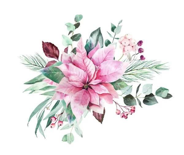 Aquarell Rosafarbener Weihnachtsstern Und Eukalyptus Cliparts Rosa Weihnachtsdekoration Für Digitales — Stockfoto