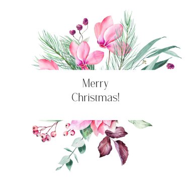 Suluboya Pembe noktalar ve okaliptüs çıkıntısı, Pembe Noel çelengi, dijital yapıştırma kitabı için dekorasyon, pembe çiçekli Noel buketi. 