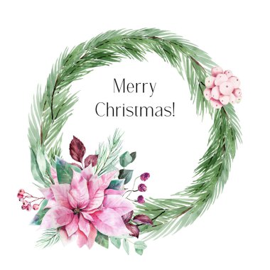 Suluboya Pembe noktalar ve okaliptüs çıkıntısı, Pembe Noel çelengi, dijital yapıştırma kitabı için dekorasyon, pembe çiçekli Noel buketi. 