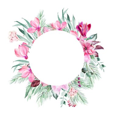 Suluboya Pembe noktalar ve okaliptüs çıkıntısı, Pembe Noel çelengi, dijital yapıştırma kitabı için dekorasyon, pembe çiçekli Noel buketi. 