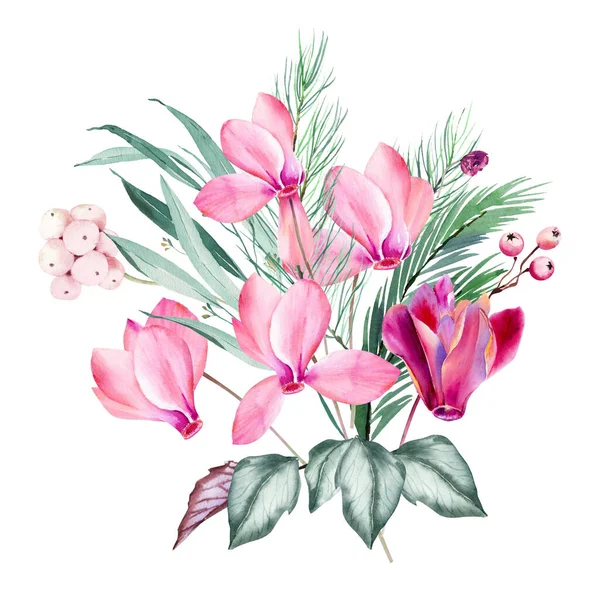 Acquerello Ciclamino Rosa Poinsettia Clipart Con Foglie Eucalipto Decorazione Natalizia — Foto Stock