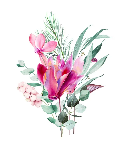 水色ユーカリの葉を持つピンクのシクラメンとポインセチアのクリップ デジタルスクラップブッキングのためのピンクのクリスマスの装飾 ピンクの花と冬の花束 — ストック写真