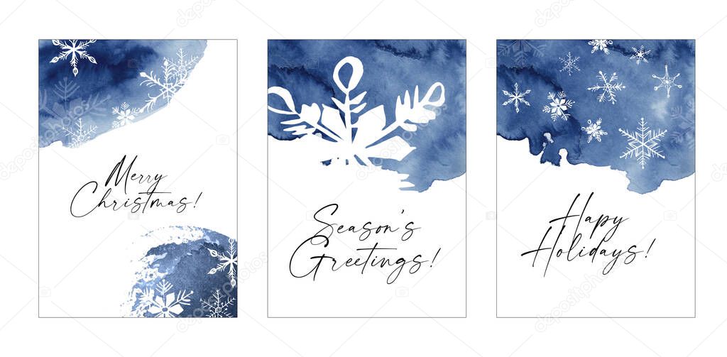 Watercolor Snowfalkes frames, Watercolor winter holiday clipart, hand drawn navy blue snowflakes for planner , greeting cards, gift tags