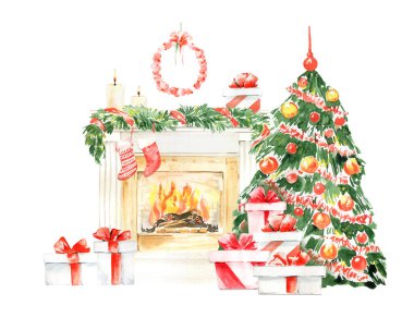 Suluboya Noel şöminesi. Hygge illüstrasyon, köpek çiftliği tatili, doğal Noel dekorasyonu, Noel ağacı, tebrik kartları için şömine.