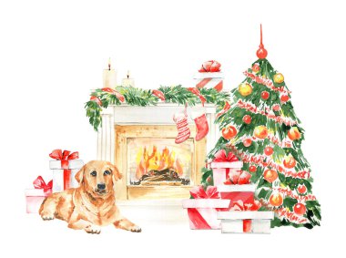Suluboya Noel şöminesi. Hygge illüstrasyon, köpek çiftliği tatili, doğal Noel dekorasyonu, Noel ağacı, tebrik kartları için şömine.