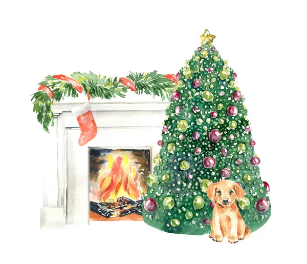 水彩画圣诞壁炉 图片说明 农舍假日与狗 自然圣诞装饰 圣诞树 壁炉的贺卡 — 图库照片