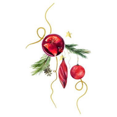 Suluboya Noel içkileri, baharatlı kırmızı şarap, sıcak şarap ve Noel çelengi.