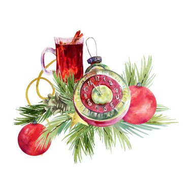 Suluboya Noel içkileri, baharatlı kırmızı şarap, sıcak şarap ve Noel çelengi.